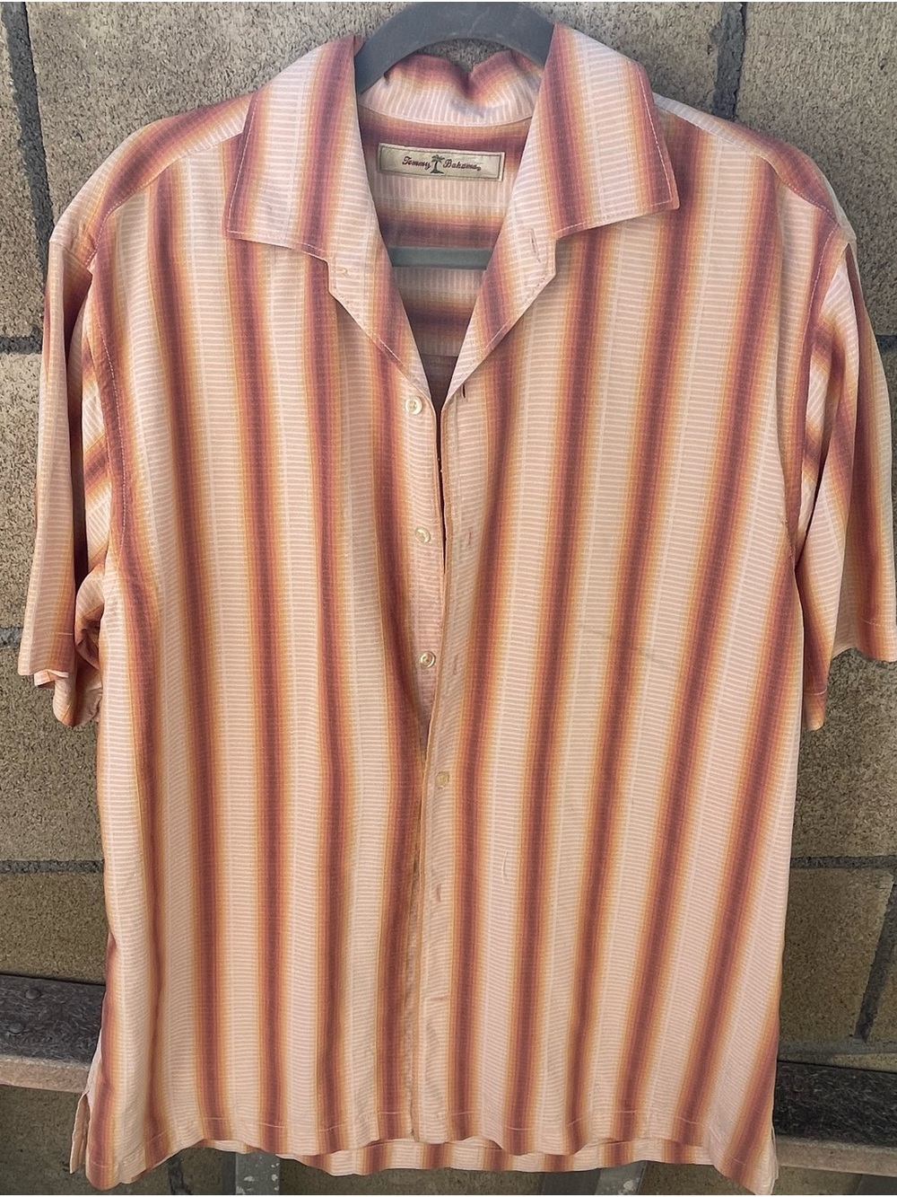 Tommy Bahama 100% Silk Camp Shirt Mens Vertical Stripe Pink Orange Button Up L
